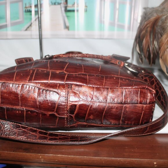 $549 FRANCESCO BIASIA Gilded Brown Croc Embossed Leather Shoulder Bag Crossbody - Picture 7 of 12